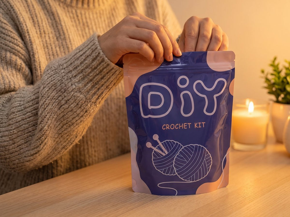 Händer i stickad tröja öppnar DIY-påsen med virkkitet på ett träbord bredvid ett tänt ljus